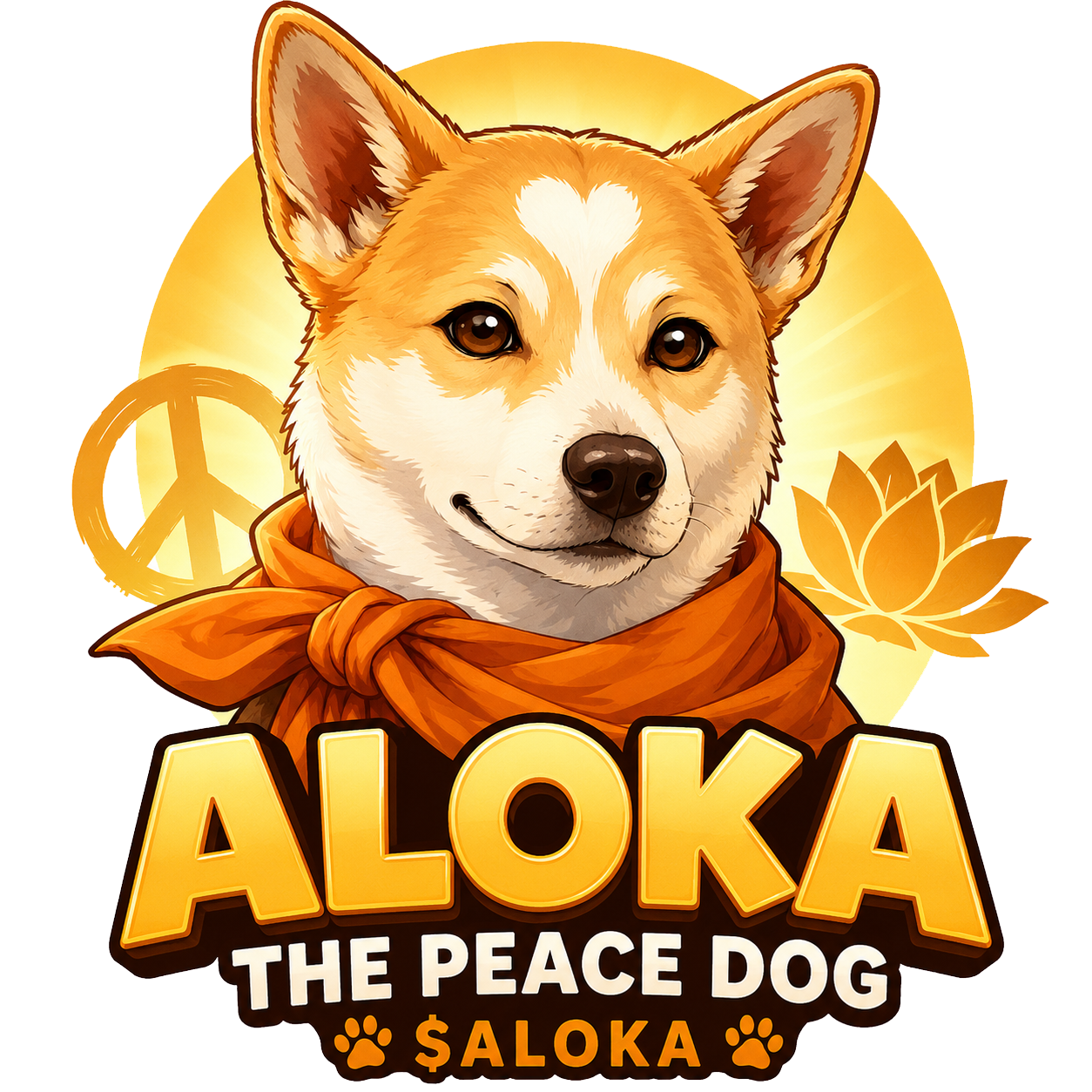 Aloka the Peace Dog — $ALOKA mascot with saffron scarf, peace sign, and lotus