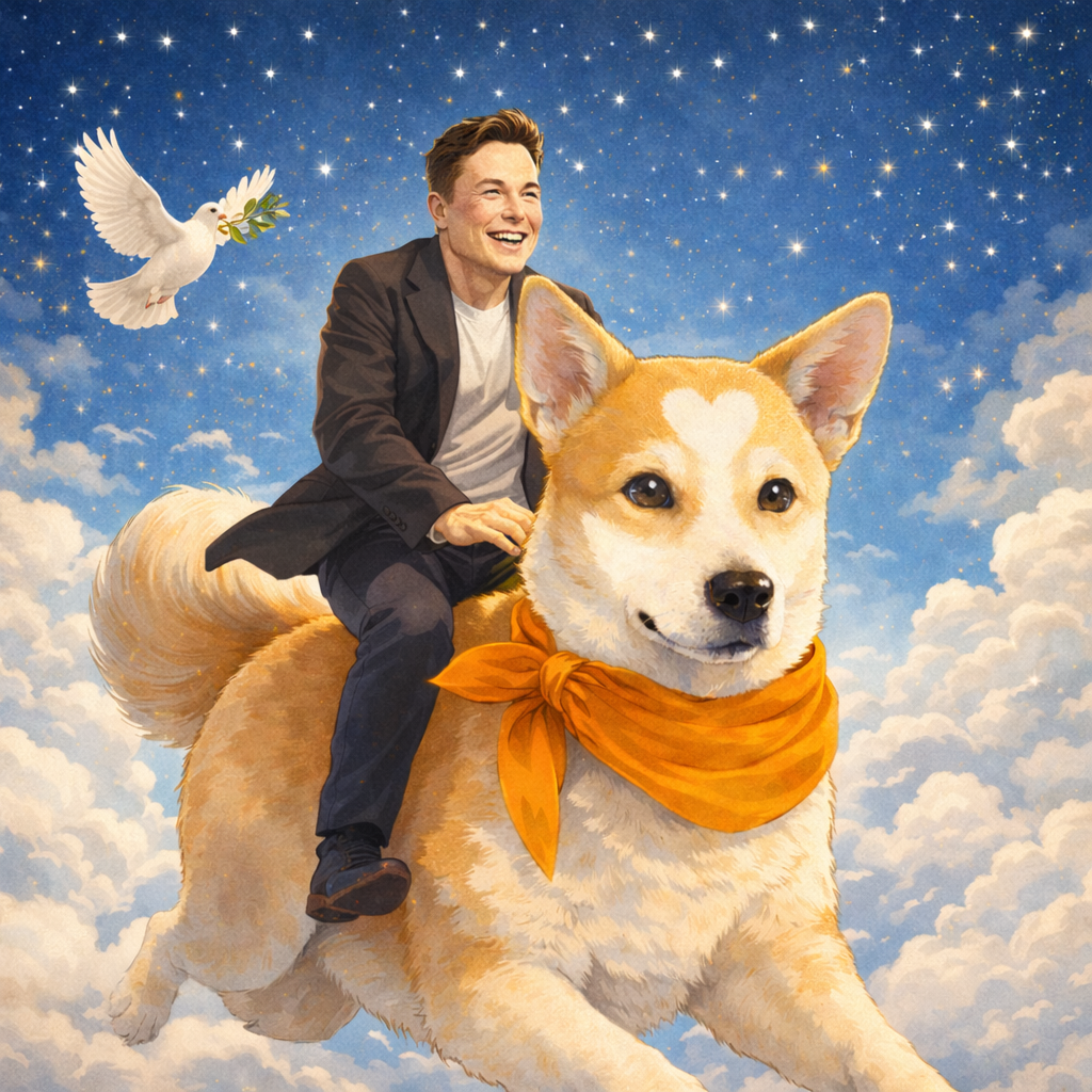 Aloka the Peace Dog meme mascot with saffron scarf and sparkles